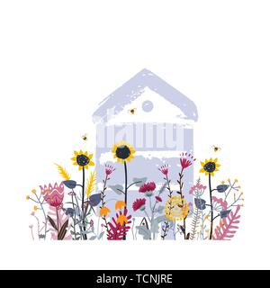 Bright flower meadow with beehive in summer. Mix difference colour of rural flower. A lot of various beautiful flowers and busy bees . Sunny country Stock Vector