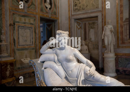 Rome, Italy - June 22, 2018: Baroque marble sculpture Pauline Bonaparte by Antonio Canova in Galleria Borghese of Villa Borghese Stock Photo