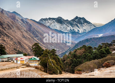 Panoramic view of Mt. Everest, Lhotse, Nuptse from Tengboche on the trek route to Everest Base Camp in Nepal. Stock Photo