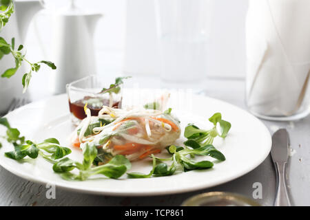 Vegetarian sprout rollsy with vegetables, carrots, radishes, tofu, mung bean sprouts in rice paper. Horizontal frame Stock Photo