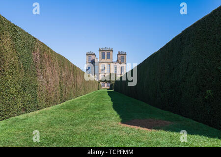 DERBYSHIRE, UK -21ST APRIL 2019: A view of the famous Hardwick Hall from the stunning gardens. Taken in Early Spring 2019 Stock Photo