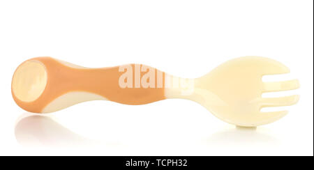 Small beige fork for babies isolated on white Stock Photo