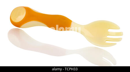 Small beige fork for babies isolated on white Stock Photo
