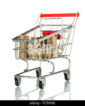 shopping trolley with Ukrainian coins, isolated on white Stock Photo