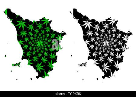 Tuscany (Autonomous region of Italy, Italian Republic) map is designed cannabis leaf green and black, scribble sketch Toscana map made of marijuana (m Stock Vector