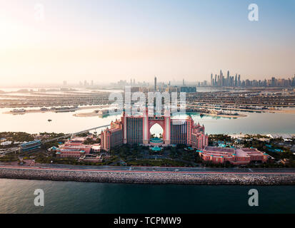 Dubai, United Arab Emirates - June 5, 2019: Atlantis hotel and the whole Palm island background in Dubai aerial view Stock Photo