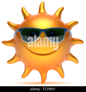 Smile sun sunglasses cheerful star face summer smiley cartoon ball emoticon. Happy sunny heat orange yellow person icon. Smiling laughing character Stock Photo