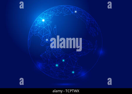 Point line link, digital earth composition luminescent sphere technology background, blue technology effect of earth elements Stock Photo