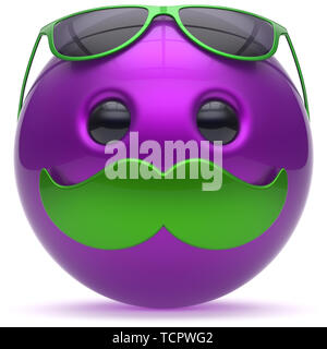 Mustache smiley face cartoon emoticon ball happy purple handsome person caricature green sunglasses icon. Cheerful eyeglasses laughing fun sphere posi Stock Photo