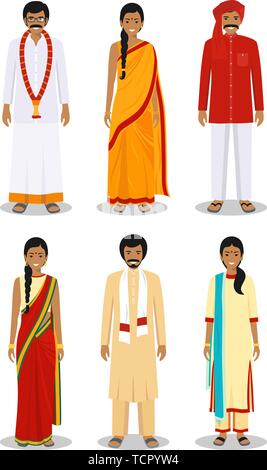 Set of different standing indian young adult women and men in the traditional clothing isolated on white background in flat style. Differences people Stock Vector