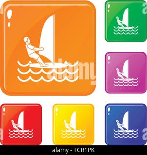 Man on windsurf icons set vector color Stock Vector