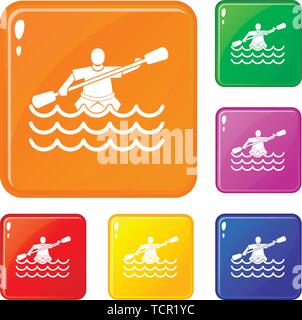 Male athlete in a canoe icons set vector color Stock Vector