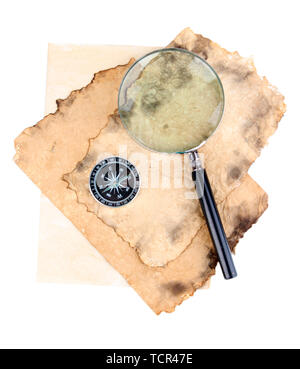 Old paper wiht magnifying glass and compass isolated on white Stock Photo