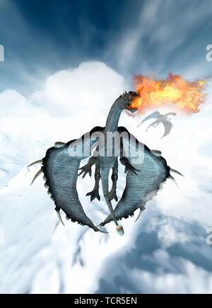 Dragon breathing fire, illustration Stock Photo