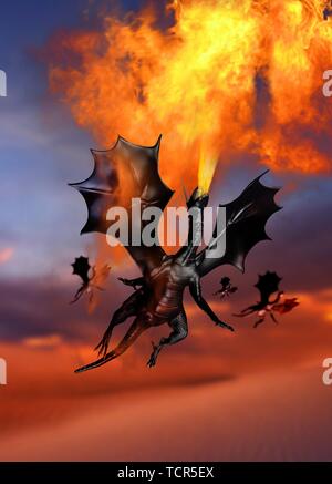 Dragon breathing fire, illustration Stock Photo