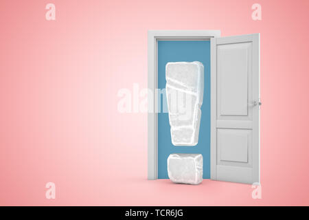 3d rendering of open door on gradient pink background and big exclamation mark made of stone standing in doorway. Stock Photo