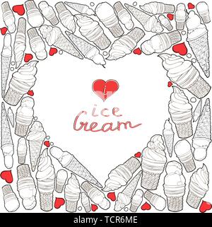 Heart made of elements. Heart made of hand drawn ice creams in waffle cones and red hearts. Lettering.Calligraphy phrase. I love ice cream. Black and Stock Vector
