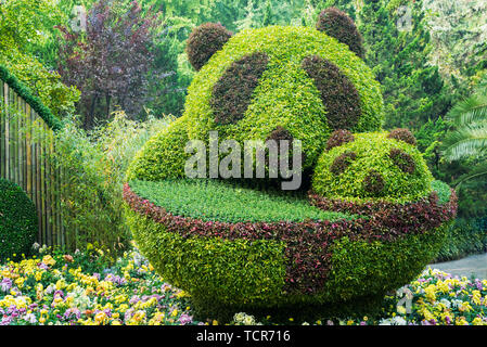 Green plant, mother and son statue of panda Stock Photo