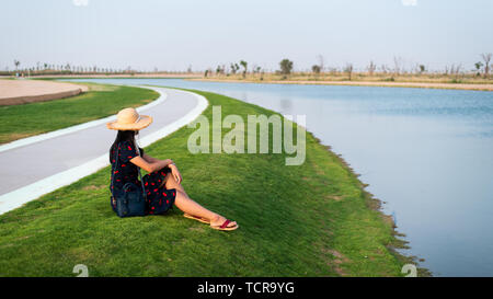 Happy tourist enjoying Love lakes view in Dubai Stock Photo