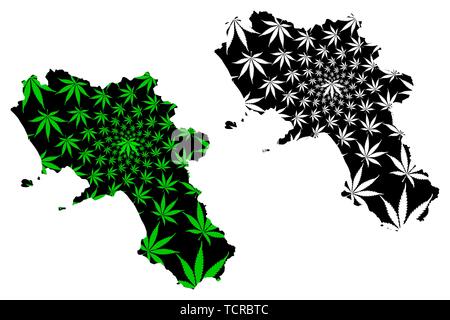 Campania (Autonomous region of Italy, Italian Republic) map is designed cannabis leaf green and black, Campania map made of marijuana (marihuana,THC)  Stock Vector