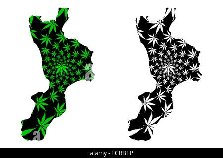 Calabria (Autonomous region of Italy, Bruttium, Italian Republic) map is designed cannabis leaf green and black, Calabria map made of marijuana (marih Stock Vector
