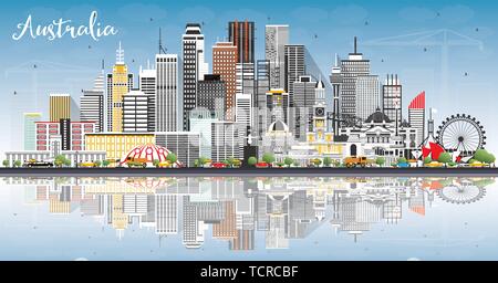 Australia City Skyline with Gray Buildings, Blue Sky and Reflections. Vector Illustration. Tourism Concept with Historic Architecture. Australia. Stock Vector