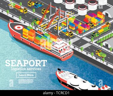 Isometric Sea Port with Container Ship. Vector Illustration. Gantry Crane Loads Cargo on Ship. Port Infrastructure. LNG Storage Tank. Warehouse System Stock Vector