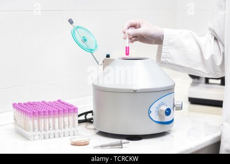 Technician loading a sample to centrifuge machine in the medical or scientific laboratory . Stock Photo