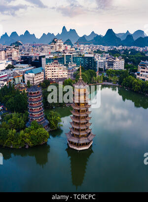 Guilin Park Twin Pagodas in Guangxi province of China Aerial View Stock Photo