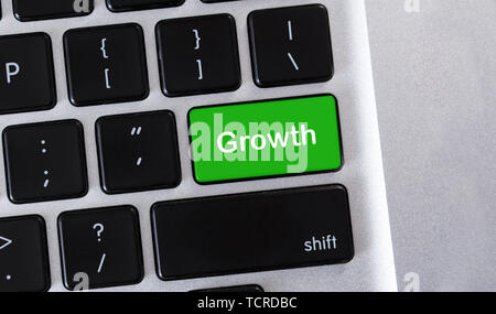 Text Growth on green button of keypad Stock Photo