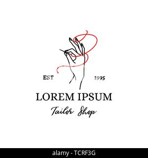 Logo Tailor Shop. Vector Emblem of a Female hand with a Needle and a red Thread outline style . Logo template for Needlewoman, hand made craftsman, dr Stock Vector