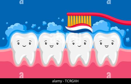 Illustration of smiling clean teeth brushing paste in oral cavity. Stock Vector