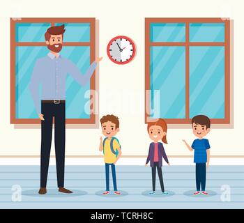 man teacher with kids in the classroon with windows Stock Vector