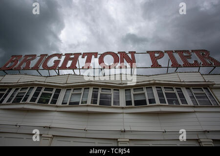 BRIGHTON, UK 28th April A general view of the sign on the entrance to the Palace Pier, Brighton West Sussex.(Credit; Mark Fletcher | MI News | Shutter Stock Photo