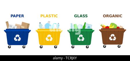 Different colored trash dumpsters with paper, plastic, glass and organic waste suitable for recycling. Segregate waste, sorting garbage, waste sorting. Stock Vector