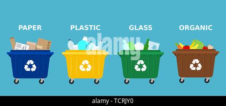 Different colored trash dumpsters with paper, plastic, glass and organic waste suitable for recycling. Segregate waste, sorting garbage, waste sorting Stock Vector