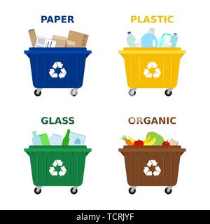 Different colored dumpsters for sorting waste. Segregate waste, sorting garbage, waste management. Trash containers for paper, plastic, glass and food Stock Vector