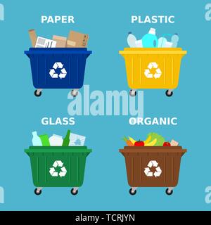 Different colored dumpsters for sorting waste.Segregate waste,sorting garbage,waste management.Trash containers for paper, plastic, glass and food. Stock Vector