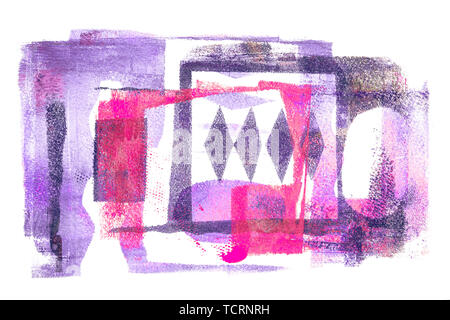 Multilayered abstract acrylic monoprint on watercolour paper background made with various textures and geometric shapes in magenta and pink tones Stock Photo