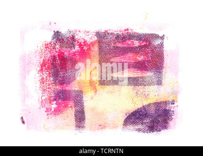 Multilayered abstract acrylic monoprint on watercolour paper background made with various textures and geometric shapes in pink, yellow and purple ton Stock Photo