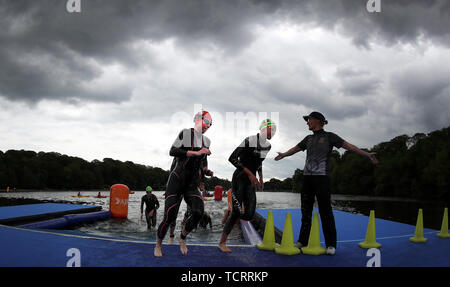 Georgia Taylor-Brown (left) exits the water, on her way to winning the Elite Women's race during the 2019 ITU World Triathlon Series Event in Leeds. Picture date: Sunday June 9, 2019. Photo credit should read: Martin Rickett/PA Wire Stock Photo