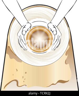 Potter makes pot of clay on potter s wheel engraving vector illustration. Scratch board style imitation. Stock Vector