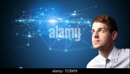Man touching hologram screen displaying modern web system  Stock Photo