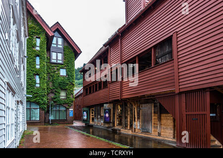 Architecture details of wooden buildings in Bryggen, the famous historic district of Bergen. Bergen, Norway, August 2018 Stock Photo