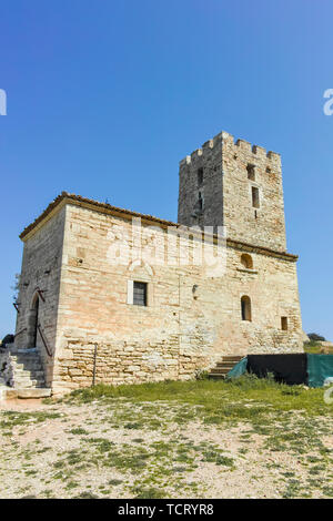 Byzantine Tower in town of Nea Fokea, Kassandra, Chalkidiki, Central Macedonia, Greece Stock Photo