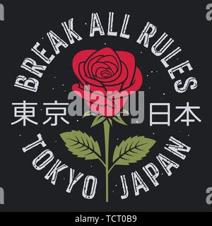 Slogan typography with rose and leaves for t shirt printing, graphic tee, t-shirt design. Break all rules. Hieroglyphs meaning Tokyo Japan Stock Vector