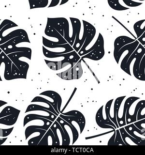 Seamless pattern with tropical leaves and grunge texture. Floral background, black and white exotic wallpaper, vectors Stock Vector