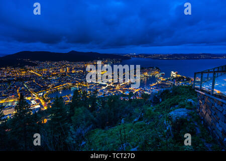 Night Aerial view of Bergen from Mount Floyen, the best viewpoint of the city and popular tourist attraction, Norway Stock Photo