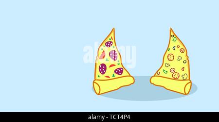 two hot pizza slices tasty classic fast food concept hand drawn sketch style horizontal Stock Vector