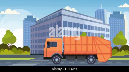 orange garbage truck urban sanitary vehicle moving city road waste recycling concept modern cityscape background flat horizontal vector illustration Stock Vector